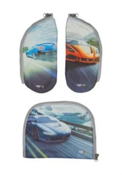 Ergobag Motiv Zip-Set "Autos", 3-teiliges Rucksack Zubehör, Für Jungen Grau, Rot